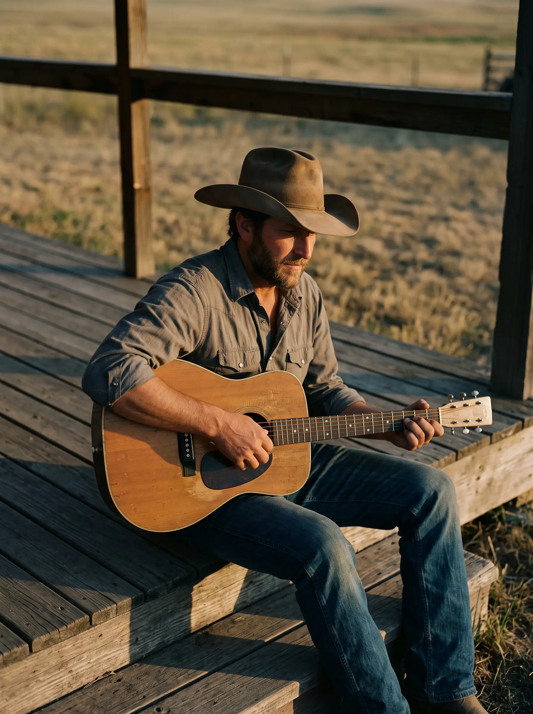 {Artist Name} holding an acoustic guitar in evening light on open grassland