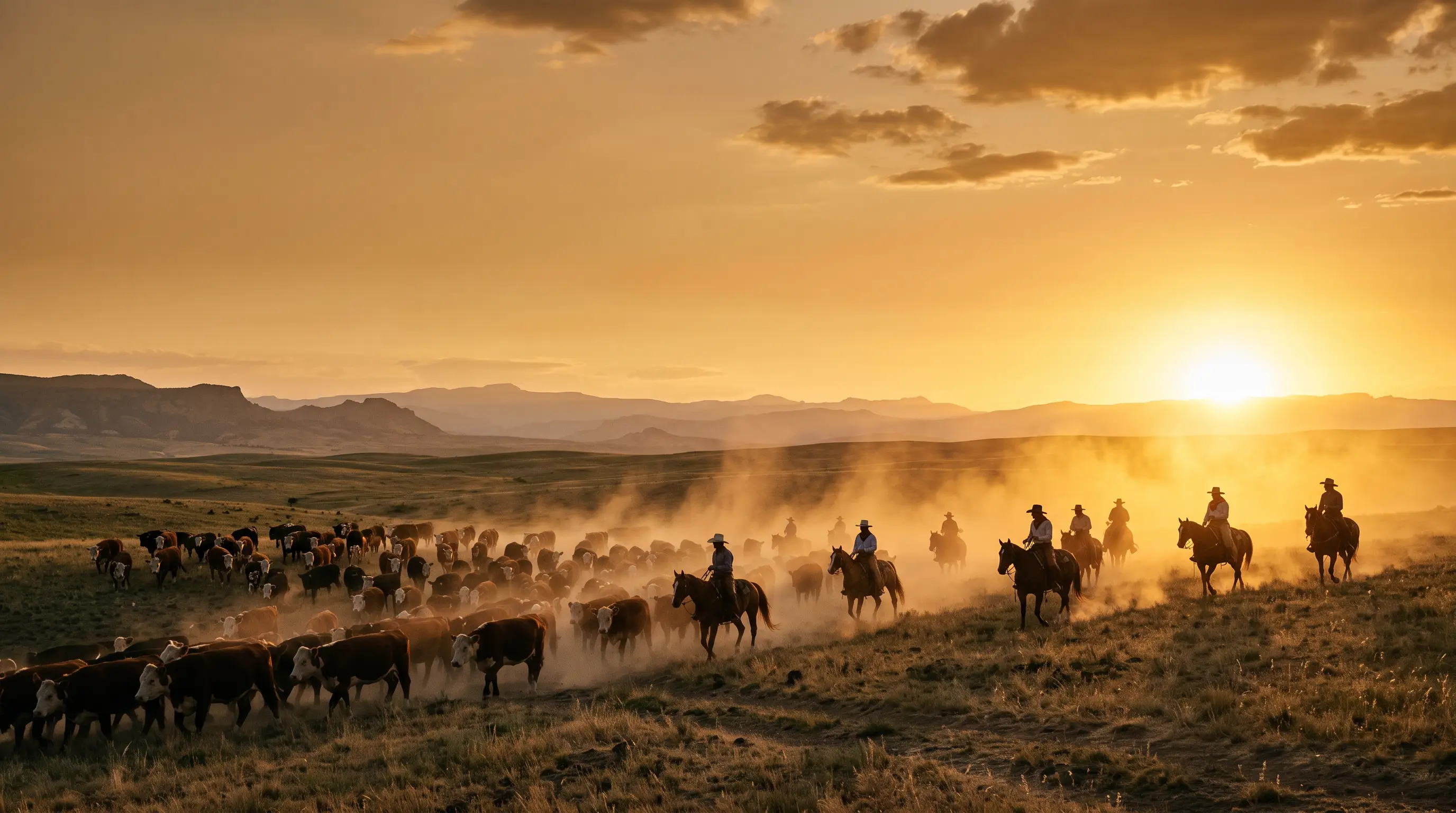 Riders driving cattle through dust at golden hour on open rangeland
