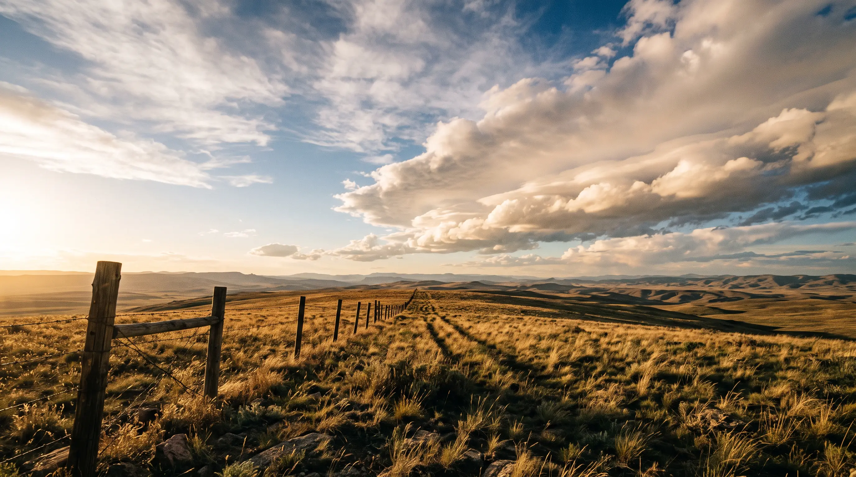 Empty rangeland at golden hour, a wire fence line running to distant hills under broken cloud